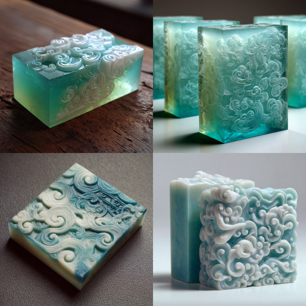The surface of the rectangular soap is white with auspicious cloud patterns, and the color of the soap is semi transparent light blue-green