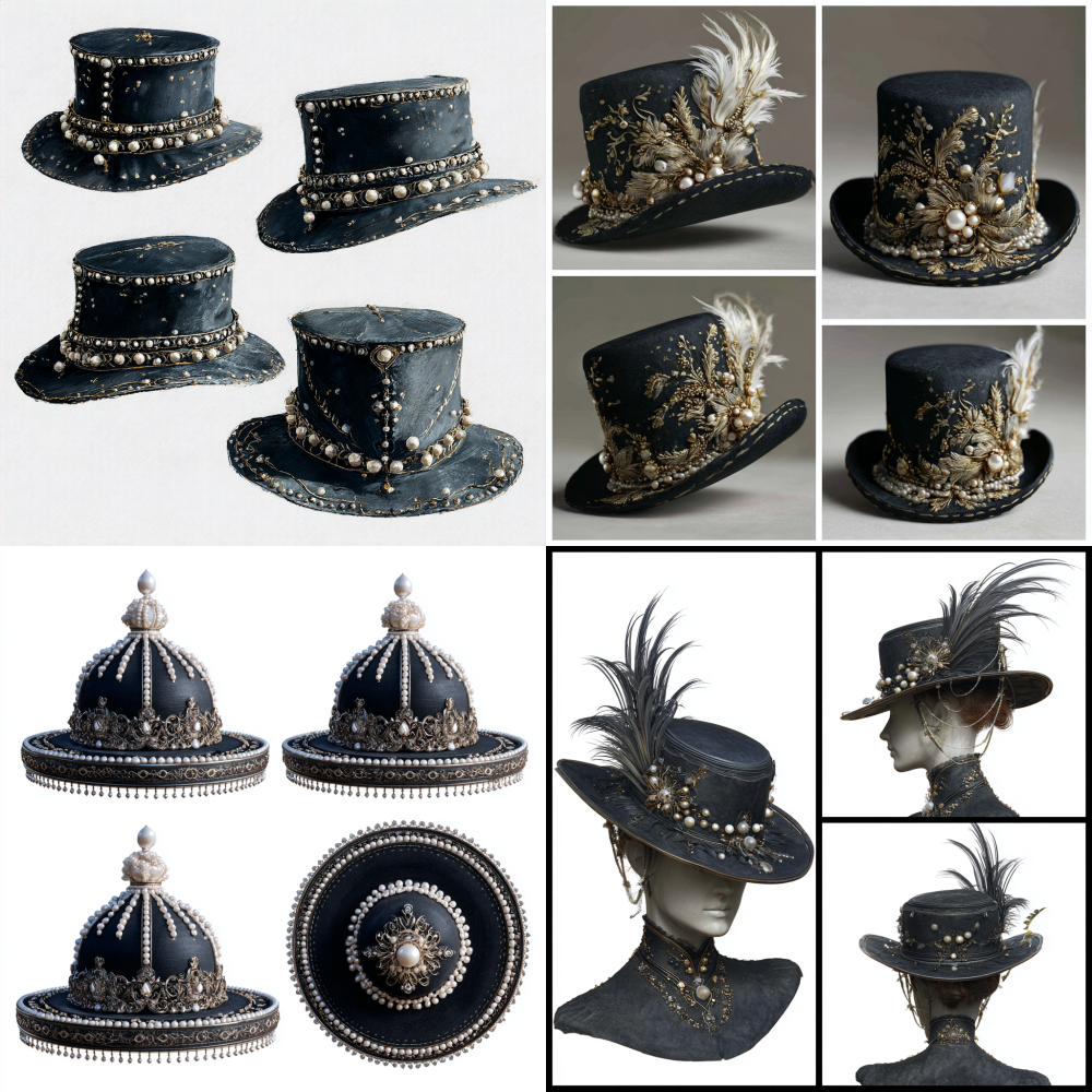 Black mourning hat with pearl decoration, game prop design, three view design, front view, side view, back view, hat side view, hat front view, hat back view, popular market, exquisite, beautiful, colorful, board painting, white background, high-definition photography IPanato finnstark