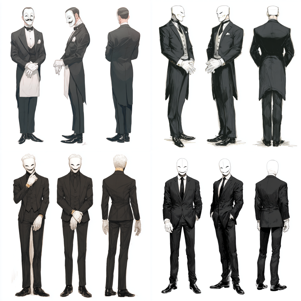 Full body, full body, a man wearing a black suit, a pure white mask, and white gloves, game character design, three view character design, front view, side view, back view, man side view, man front view, man back view, popular market, short hair, exquisite, smiling, beautiful, cute and colorful, board drawing, white background, high-definition photography IPanato finnstark
