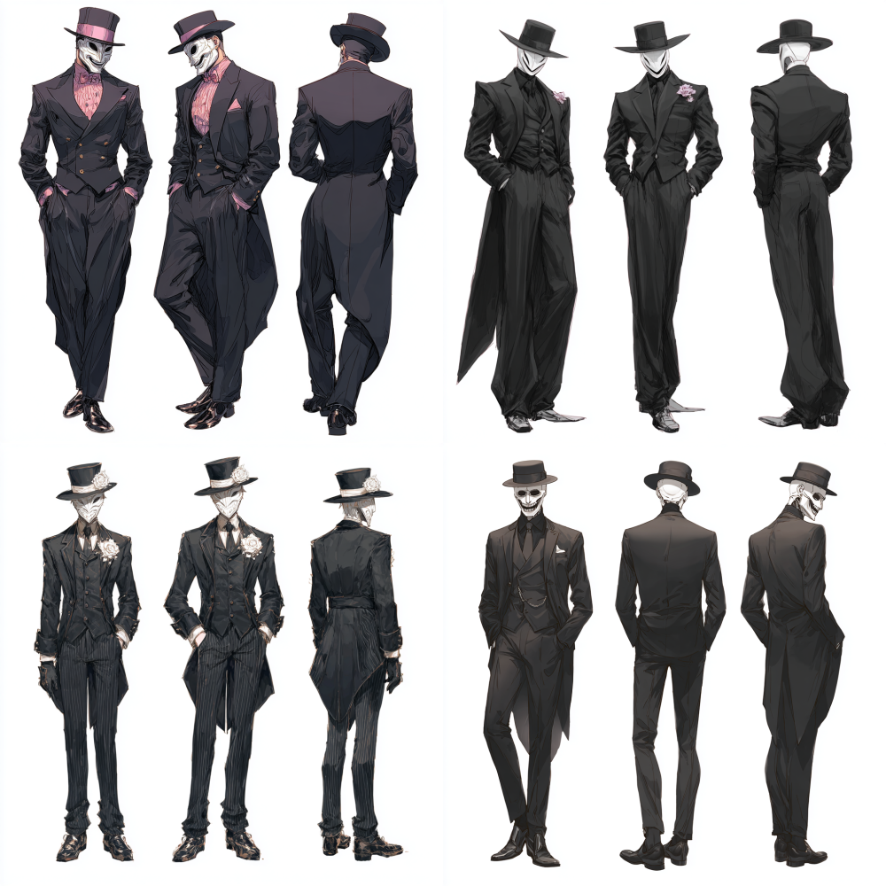 Full body, full body, a tall man wearing black clothing, a silver white mask, and a suit hat, Western Fantasy game character design, three view character design, front view, side view, back view, man side view, man front view, man back view, popular market, short hair, exquisite, smiling, handsome, colorful, board drawing, white background, high-definition photography IPanato finnstark