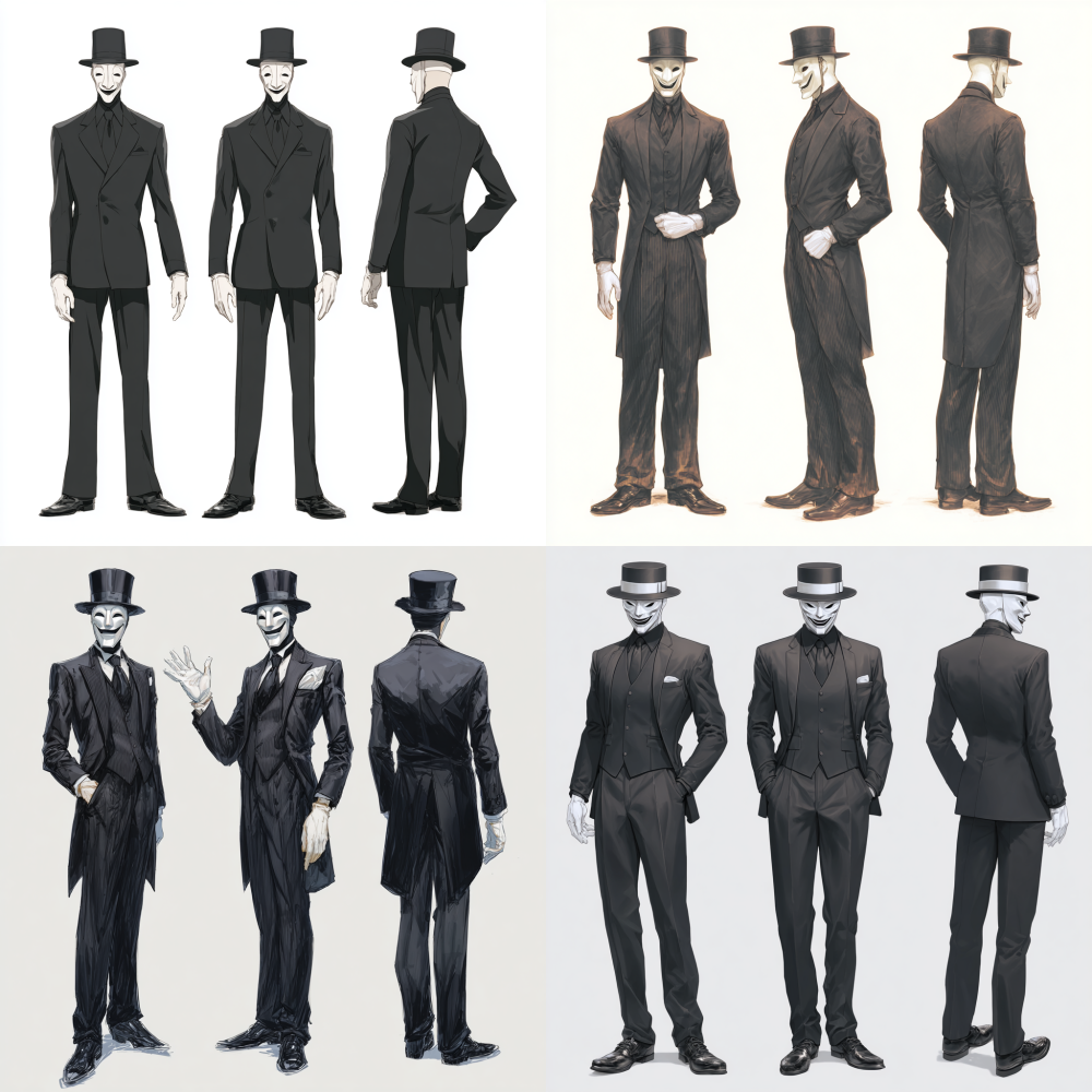 Full body, full body, a tall man wearing black clothing, a silver white mask, and a suit hat with white gloves. The mask covers half of his face. Game character design, three view character design, front view, side view, back view, man side view, man front view, man back view, popular market, short hair, exquisite, smiling, handsome, colorful, board drawing, white background, high-definition photography IPanato finnstark