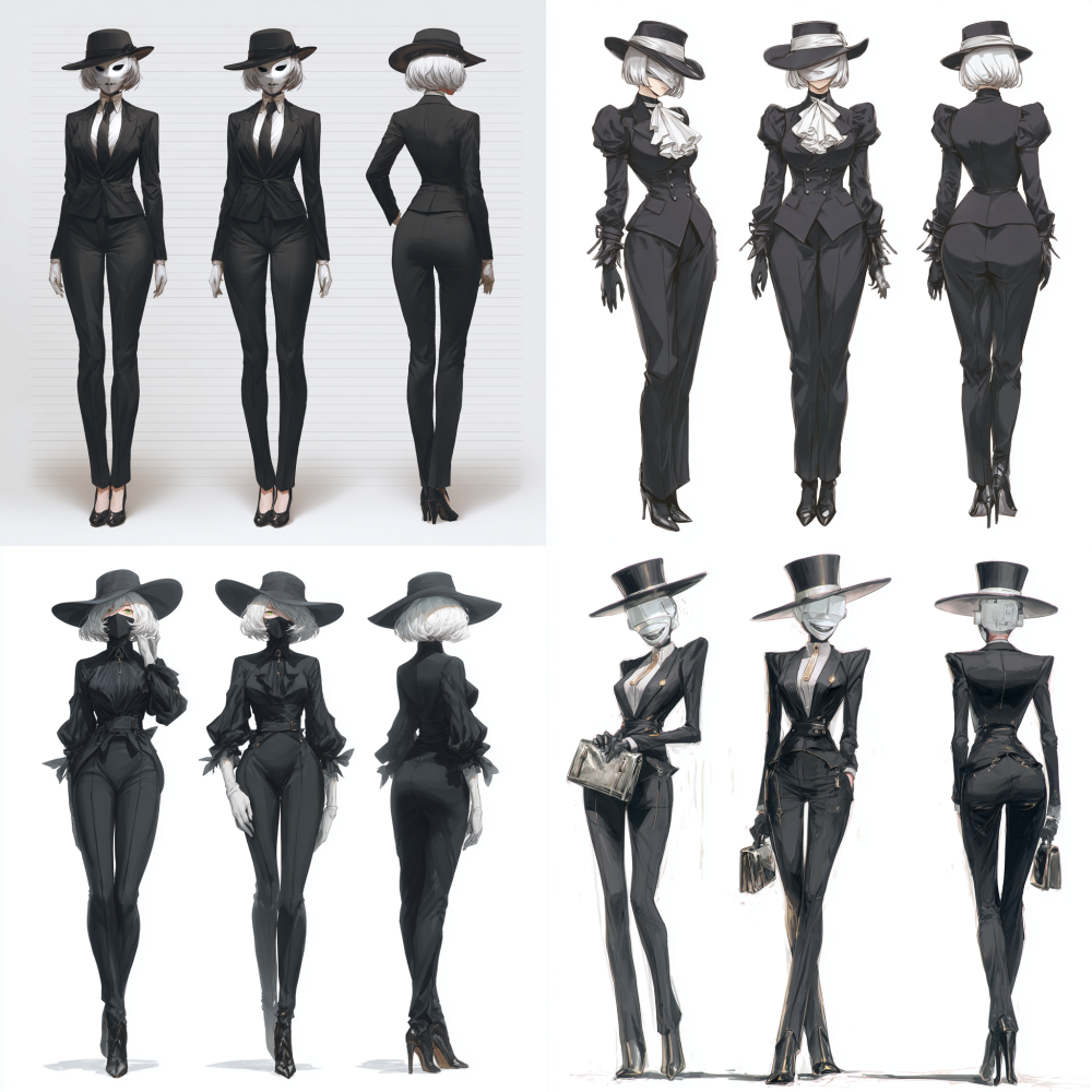 Full body, full body, a tall woman wearing black clothing, silver white mask, and suit hat, game character design, three view character design, front view, side view, back view, woman side view, woman front view, woman back view, popular market, short hair, exquisite, smiling, handsome, colorful, board drawing, white background, high-definition photography IPanato finnstark