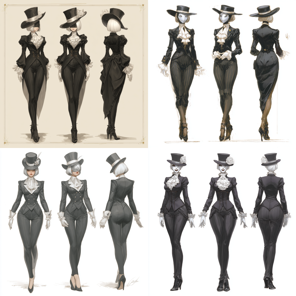 Full body, full body, a tall woman wearing black clothing, a silver white mask, and a suit hat with white gloves, Western Fantasy game character design, three view character design, front view, side view, back view, woman side view, woman front view, woman back view, popular market, short hair, exquisite, smiling, beautiful, colorful, board drawing, white background, high-definition photography IPanato finnstark