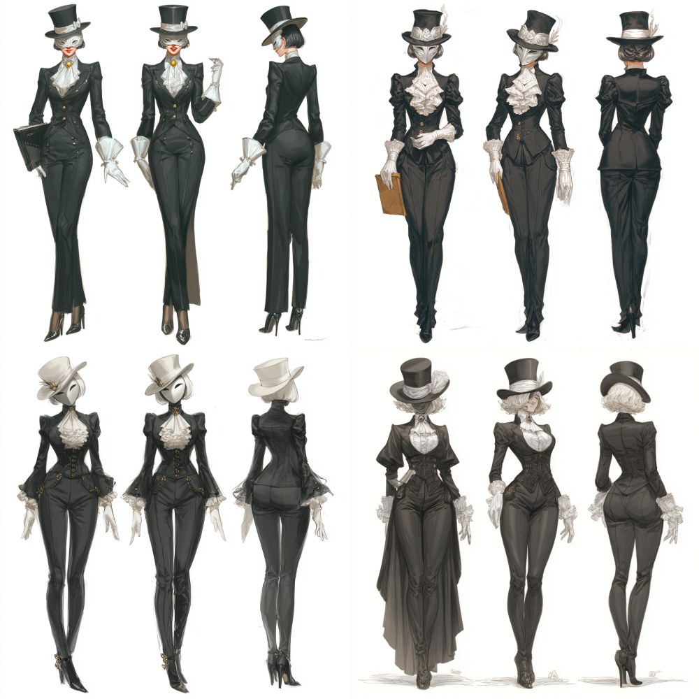Full body, full body, a tall woman wearing black clothing, a silver white mask, and a suit hat with white gloves, Western Fantasy game character design, three view character design, front view, side view, back view, woman side view, woman front view, woman back view, popular market, short hair, exquisite, smiling, beautiful, colorful, board drawing, white background, high-definition photography IPanato finnstark