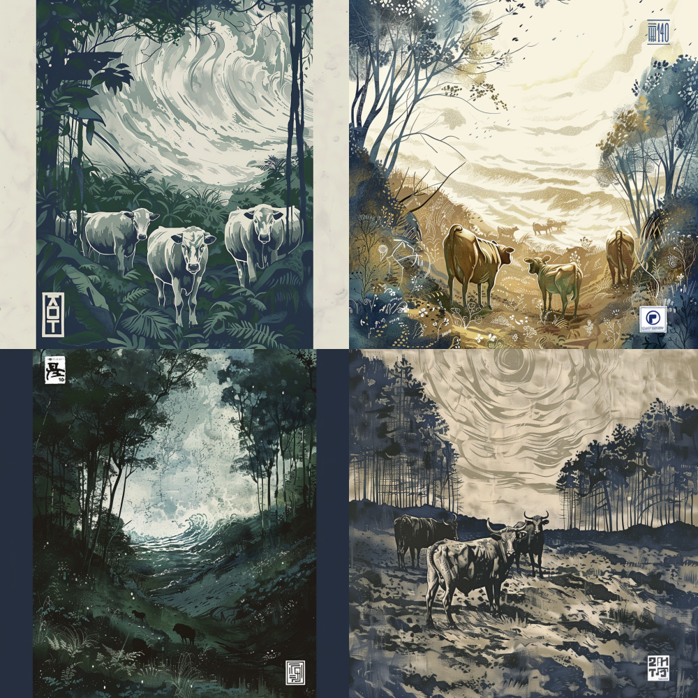 Illustration of cows in the forest < https://oc.superx.chat/img/1752987585181.png > --v 6