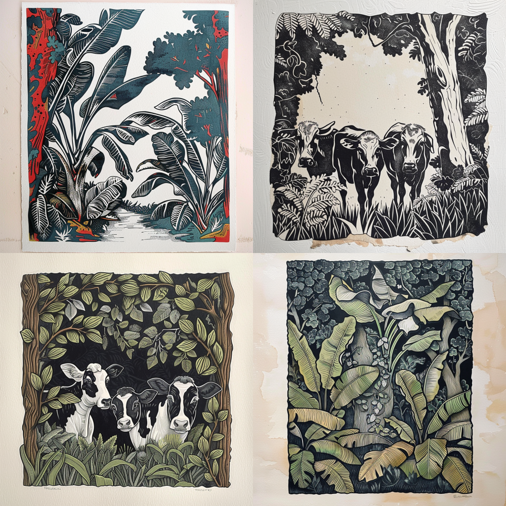 < https://oc.superx.chat/img/1752987925690.jpg > Banana leaves and cows, in printmaking style --v 6