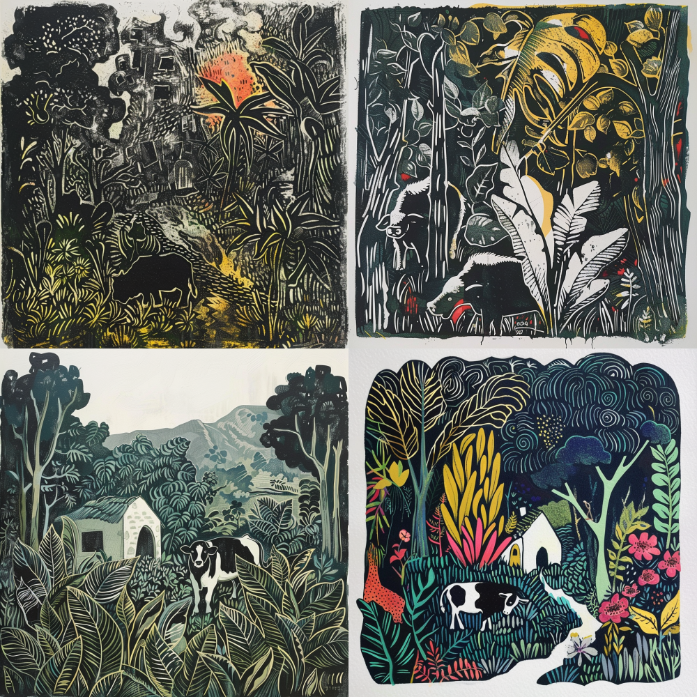 < https://oc.superx.chat/img/1752988468493.jpg > Banana leaves and cows, in printmaking style --v 6