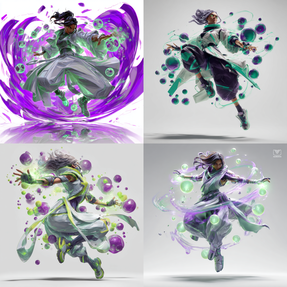 VALORANT style agent, androgynous figure in flowing techno-fabric robes, surrounded by swirling vortex of purple and green energy orbs, casting an area-of-effect ability with both hands thrust forward, dynamic spinning pose, robes and hair flowing wildly, pure white studio background, sharp shadows, volumetric light from energy source, hyper-detailed, photorealistic, full body, dramatic perspective.