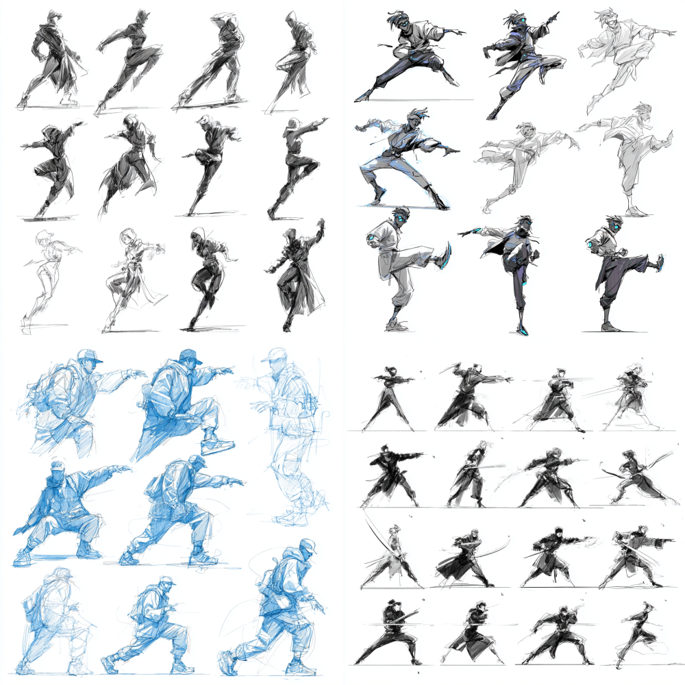 I want to generate a set of standing drawings based on the character shaping style I want to refer to, with cool and exaggerated movements and a pure white background VALORANT