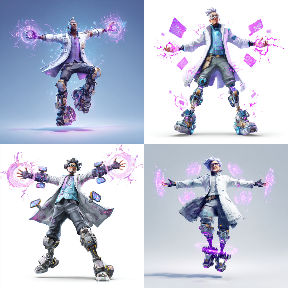 "Floating Valorant scientist character on transparent BG (PNG style), arms outstretched in dramatic T-pose with holographic interfaces orbiting wrists, lab coat levitating as if anti-gravity, hair defying physics upward, purple energy cracks spreading from palms, oversized mechanical boots with stabilizing thrusters, ultra-clean vector-style rendering --no shadow under feet, floor, horizon line"