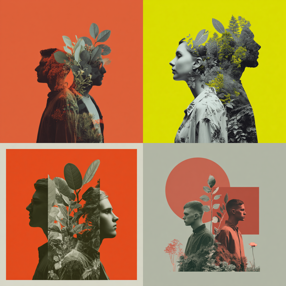 A solid color background image with half plants and half humans
