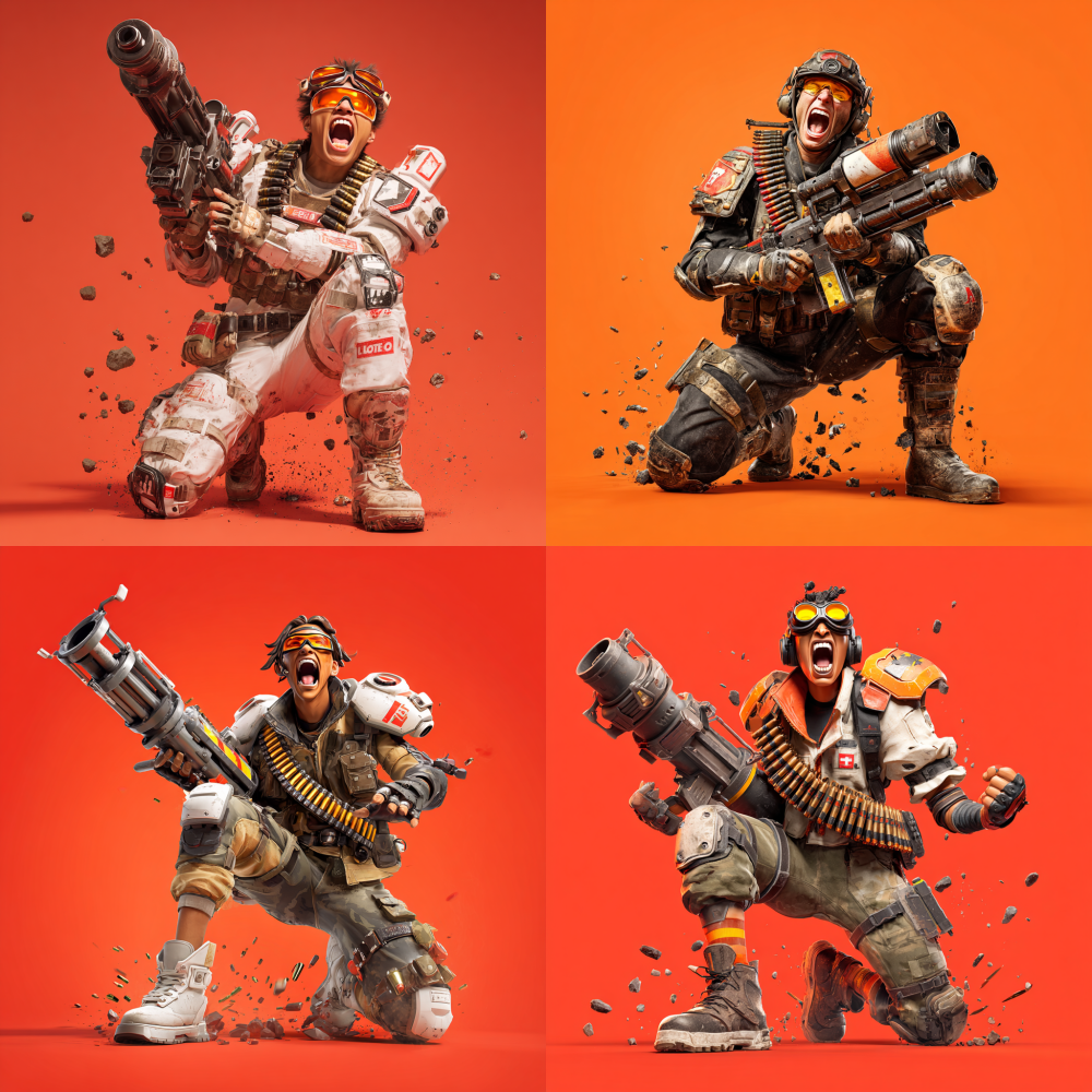 "High-angle shot of bomb specialist agent on pure #FF0000 backdrop, dynamic kneeling reload pose with rocket launcher barrel smoking, ammo belt swinging violently across chest, goggles reflecting explosion orange, teeth bared in aggressive shout, oversized pauldrons with hazard stripe decals, slow-motion debris particles frozen around boots --no ground, sky, environmental FX"
