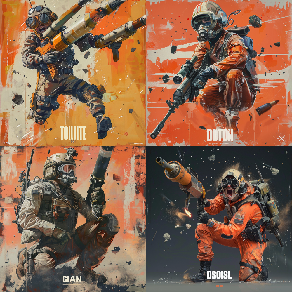 < https://oc.superx.chat/img/1752995599123.jpg > "High-angle shot of bomb specialist agent on pure #FF0000 backdrop, dynamic kneeling reload pose with rocket launcher barrel smoking, ammo belt swinging violently across chest, goggles reflecting explosion orange, teeth bared in aggressive shout, oversized pauldrons with hazard stripe decals, slow-motion debris particles frozen around boots --no ground, sky, environmental FX" VALORANT STYLE --v 6