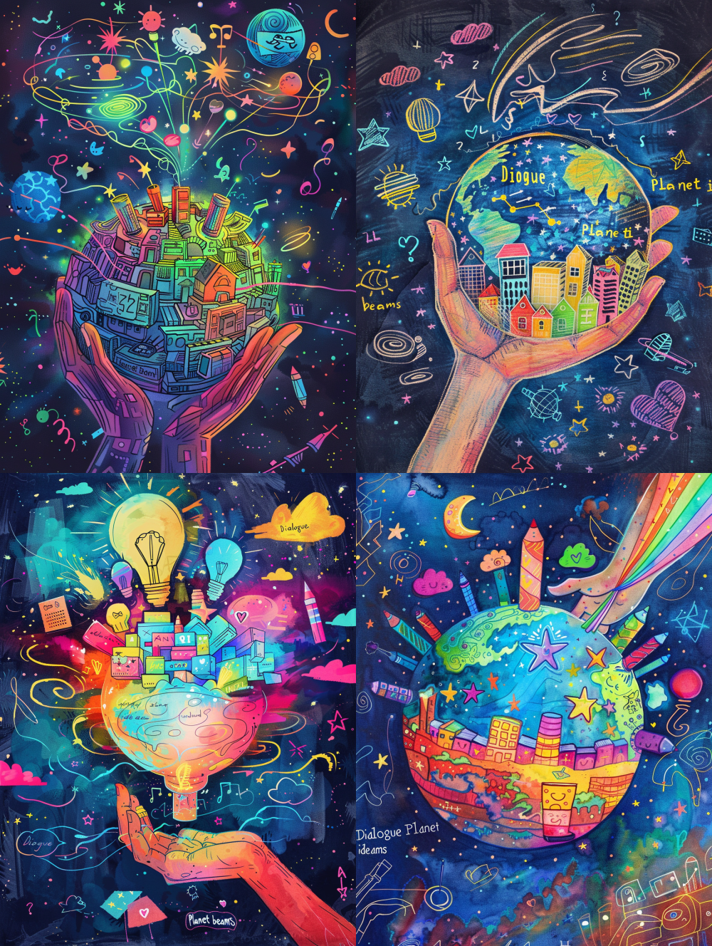 (Illustration, vibrant, playful, whimsical, high detail, 8k), Abstract cosmic space rendered in a childlike drawing style (visible crayon lines, watercolor washes). Central glowing "Dialogue Planet" made of stacked colorful building blocks, giant crayons, and stylized speech bubbles. Planet has cute entry points. Countless vibrant "idea beams" like shooting stars or ribbons stream towards the planet from all corners of space (corners feature simple drawings of houses, animals, toys). Planet orbited by a ring of child-drawn stars, hearts, question marks, and lightbulbs. A large, gentle, translucent hand (representing care) cradles or lightly touches the planet. Background: doodle-style nebulae and constellations. Color palette: exceptionally bright, joyful, and diverse (primary colors + pastels). Style: naive art meets modern graphic design, energetic and optimistic. Concept: imagination, sharing voices, infinite possibilities, community, listening. --ar 3:4 --v 6.0