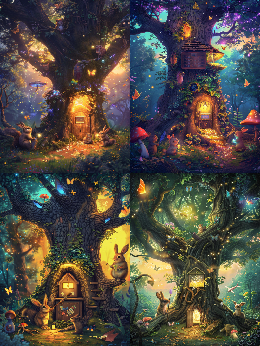 (Best quality, masterpiece, ultra-detailed, 8k, intricate details), Warm, magical, whimsical fantasy forest scene at twilight. Central glowing tree with hollow trunk forming a crystal-clear, welcoming mailbox entrance, emitting soft light. Tree canopy: vibrant rainbow clouds. Small friendly creatures (cute squirrel with glasses, rabbit holding paintbrush) on the ground examining fallen glowing star-dust particles. Group of colorful paper airplanes, origami birds, and luminous pixel butterflies perched on a branch above the mailbox, ready to fly upwards. Background: bioluminescent plants, giant friendly mushrooms with magnifying glass caps. Style: enchanting children's book illustration mixed with soft digital painting, dreamlike atmosphere, warm color palette (golden yellows, soft blues, gentle greens, pinks), soft focus background, high detail on characters and mailbox. Concept: communication, sharing ideas, growth, magical connection. --ar 3:4 --v 6.0