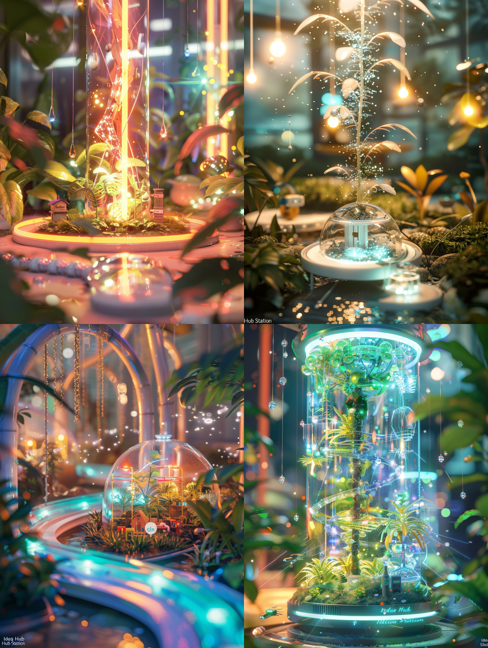 (Photorealistic, ultra-detailed, cinematic lighting, 8k), Serene futuristic biodome garden. Central focus: elegant, organic-shaped "Idea Hub Station" made of interconnected glowing transparent tubes and flowing particles of light (symbolizing the suggestion box), resembling a high-tech plant node or a heart. The hub connects via luminous conduits to three small illuminated platforms: 1) Cozy miniature house model (Home), 2) Playful corner with tiny toys and plants (Kindergarten), 3) Upward beam with abstract stars and sprouts (Future). Surrounding the hub: unique, translucent plants growing, nourished by streams of colorful data and code particles. Small, cute, hovering AI drones shaped like friendly water droplets or leaves collecting light particles from the hub and transporting them. Style: sci-fi illustration meets cozy botanical art, soft focus background with bokeh, harmonious blend of cool blues & greens with warm oranges & yellows. Concept: technology, communication, nurturing ideas, home-school partnership, growth. --ar 3:4 --v 6.0