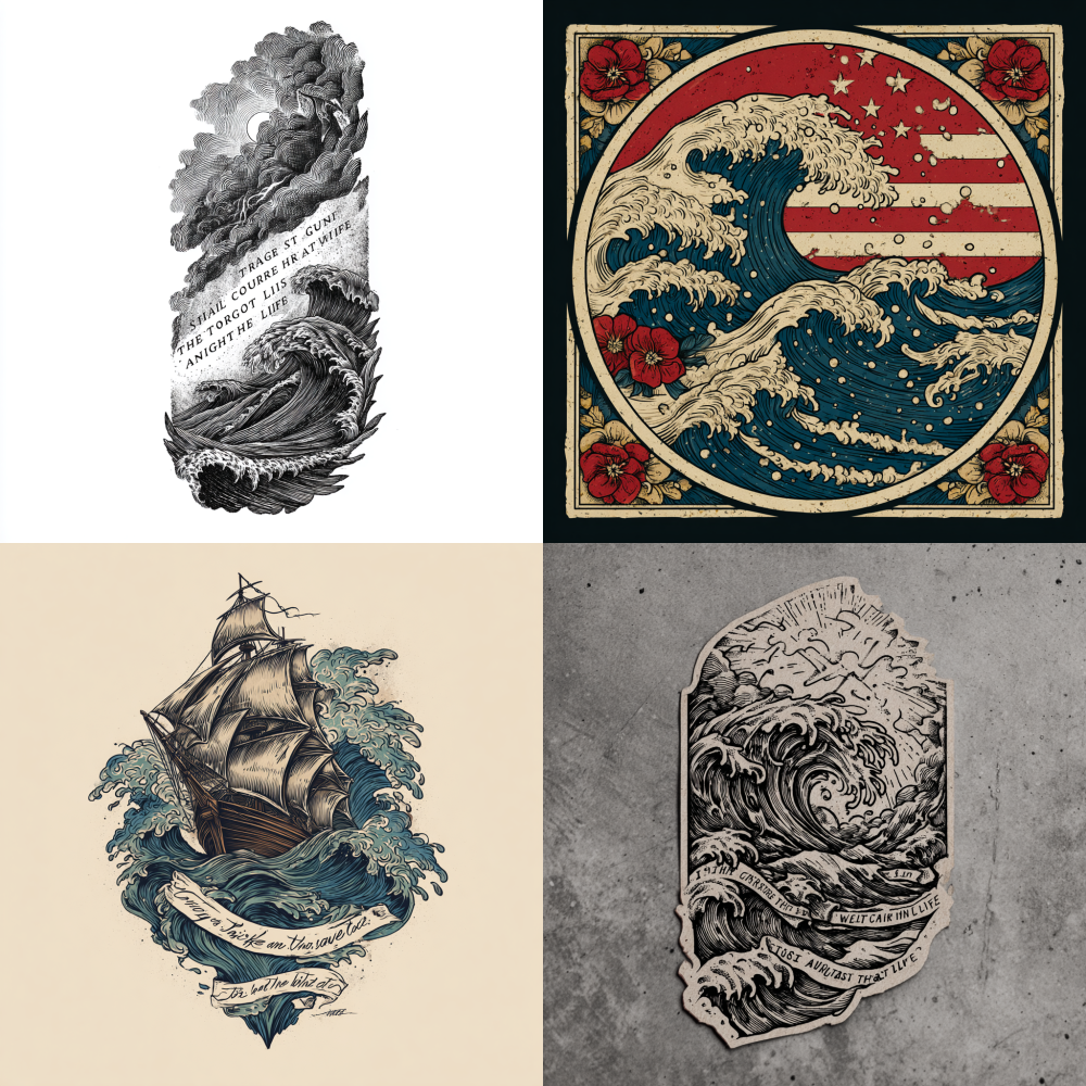 Design a left or right tattoo pattern based on this lyrics. American style, If theres courage, if theres heart,No storm can tear us apart.Drifting through this life we roam,Well climb the mightiest wave thats known.5cmold school style