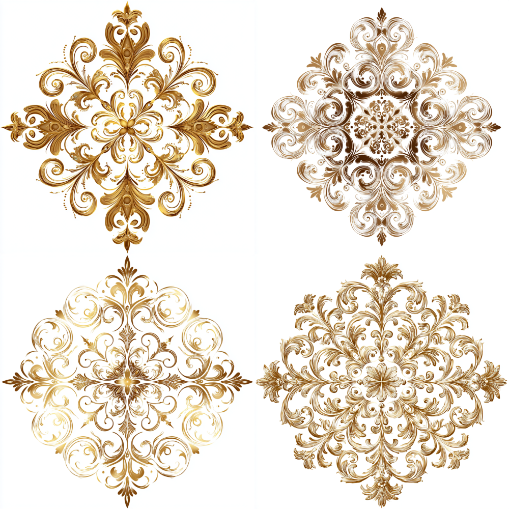 A Golden vector graphic design of an elegant and symmetrical decorativemotif inspired by the Baroque style, suitable for use as clip art or in variousapplications on a white background, The pattern includes intricate swirls,curves, and ornamental details that give it its classic charm.