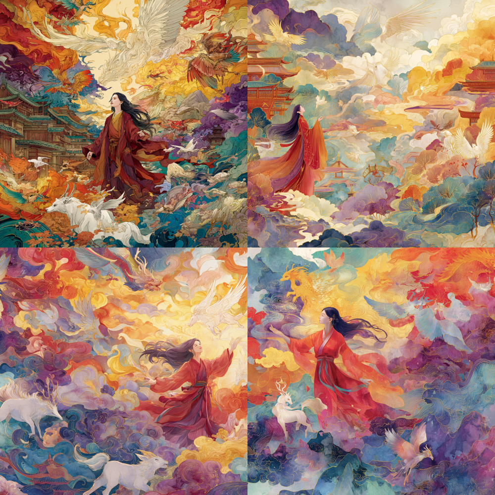 Using a dreamy watercolor style, depict scenes of Eastern mythology. The center of the screen features a woman dressed in a flowing red robe with long hair hanging down from the ground, her hands stretching upwards as if touching the sky. Surrounded by divine beasts, such as winged dragons, agile white deer, and colorful phoenixes. The background is composed of flowing colorful clouds, ancient buildings (such as flying eaves and pavilions), and mountains, with warm yellow, orange red, and purple blue colors blending together to create a mysterious, gorgeous, and fairy like atmosphere, reflecting the fantasy and romance of Eastern mythology.