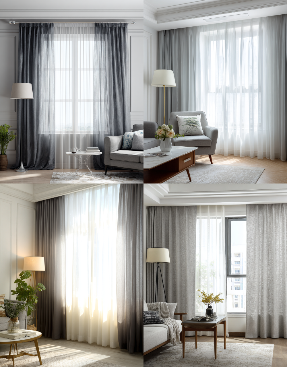 Curtains, modern style, gray and white gauze fabric, simple living room environment, window curtain with floor lamp next to it, coffee table in front of the sofa chair on one side, sports elements, bright light. Blackout curtains with high quality, solid color curtains, clean background, white walls. The overall atmosphere is elegant and warm. High-definition photography, wide-angle lens perspective, soft lighting. Realistic details. Simple design. A sense of space. --ar 81:104