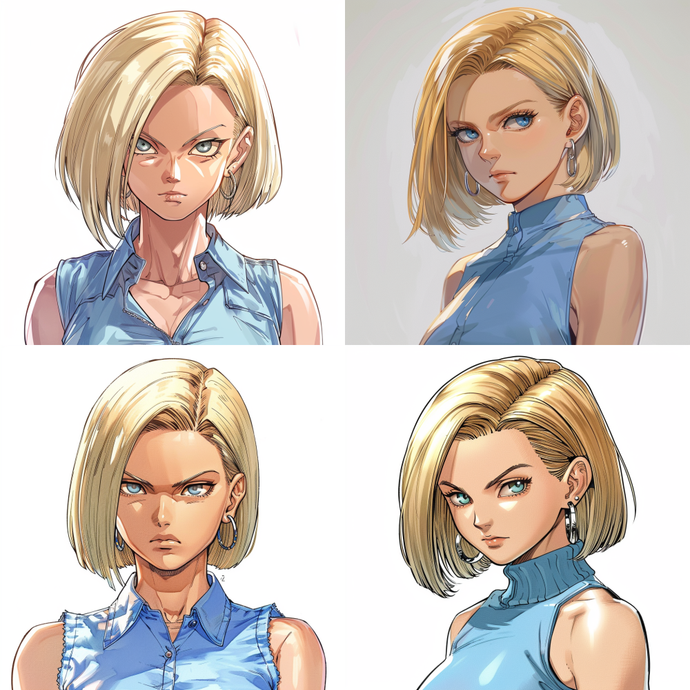 portrait of Android 18 from Dragon Ball Z, front view, beautiful blonde woman, short straight bob haircut, piercing blue eyes, cold expression, small silver hoop earrings, light blue sleeveless shirt, plain white background, sharp focus, anime style, official art, attractive, --ar 1:1 --v 6.0