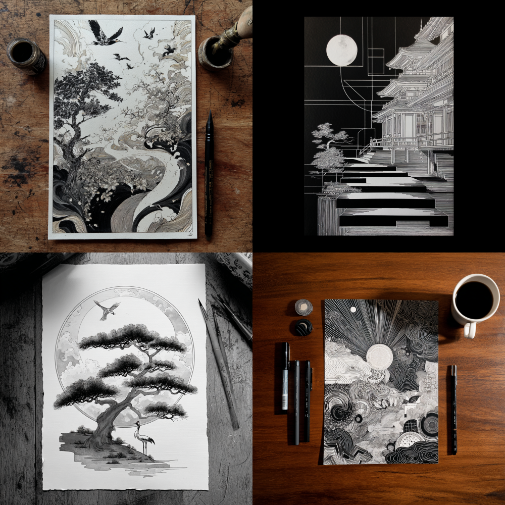 There should be rich composition and elements in the picture. Help me design a set of Zen wrap paintings, with clear details and paper proportions, mainly using black and white lines. A4