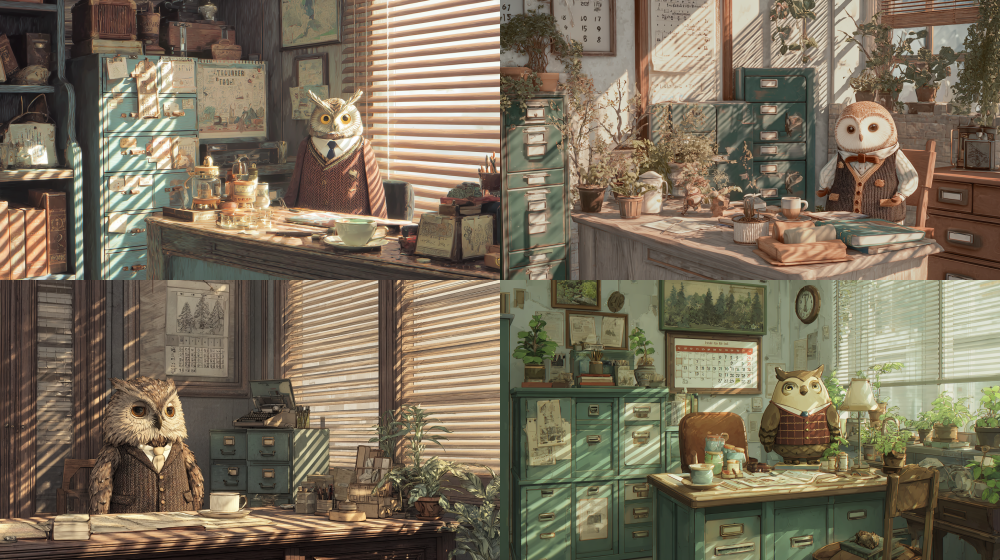 Whimsical Ghibli-inspired teacher's office: an owl professor clad in a charming tweed vest, gracefully poised beside an antique filing cabinet. Harsh fluorescent light casts ethereal bleached highlights, while a steaming teacup rests on a cluttered desk, adorned with a calendar featuring enchanting forest illustrations. Striped shadows dance across the room from window blinds, enveloping the space in muted earth tones that evoke a sense of nostalgia and warmth. 1920x1080 --ar 16:9