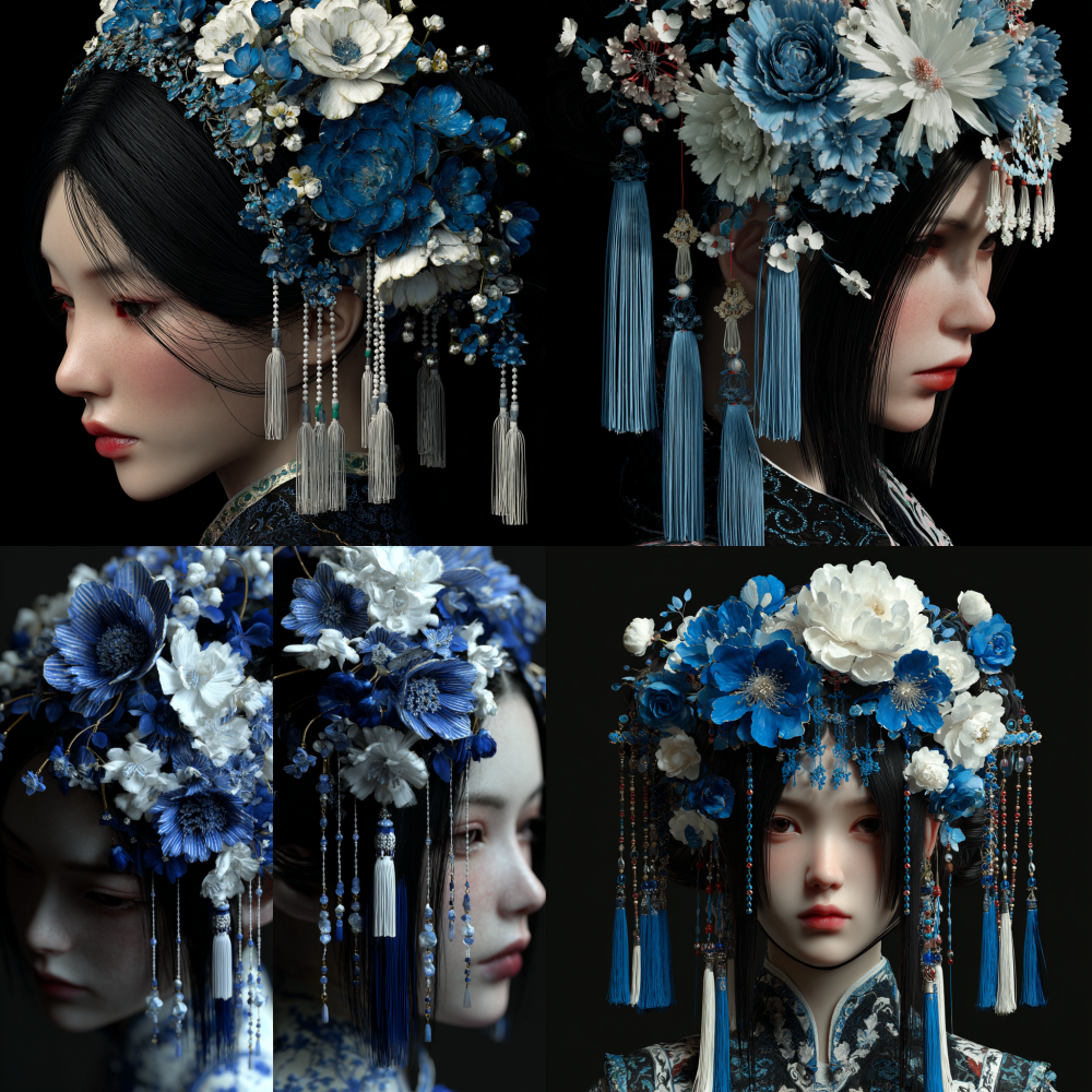 Can you help me generate a set of pictures: a Chinese female model, half body or close-up of her head, with traditional Fujian hairpin decorations on her black hair. The hairpin flowers are mainly blue and white, with small and large flowers interspersed, requiring symmetrical beauty. The hairpin flowers are mainly composed of fresh flowers and tassels, and the picture should be high-definition and realistic, with a scale of. 4K3:4