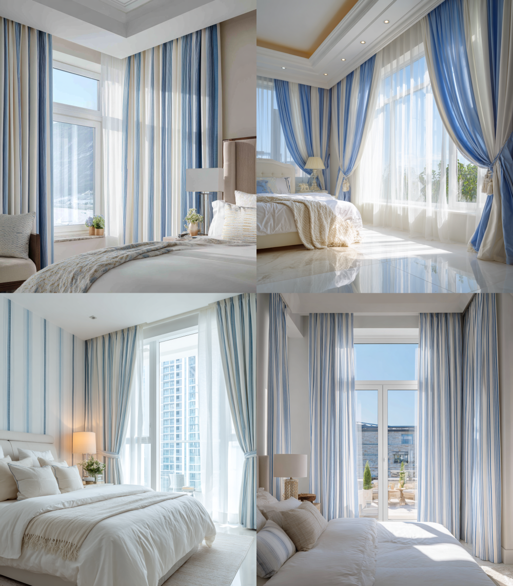A photograph of a large window with white and blue striped curtains in a bedroom, featuring a bright interior design in a minimalistic style. The walls are white, and the furniture is modern. The room is filled with natural light, and there is a large bed with soft lighting. The window provides a view of the modern home's decor, which includes natural colors and an elegant, luxurious atmosphere. --ar 7:8