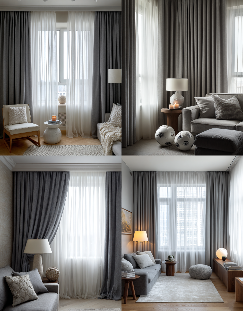 This is the curtain of an apartment living room, which has gray curtains on both sides and white gauze curtains in front of them. There are also some football-themed elements, such as ball-shaped side tables or lamps placed next to it. The overall style combines modern minimalism with Scandinavian design. It gives people a sense of calmness and simplicity. High-resolution photography, high quality. --ar 81:104