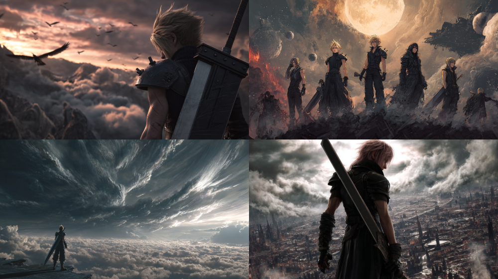 CG artwork in the style of the game 'Final Fantasy', featuring a panoramic view of the entire body and dark tones. --q .5 --ar 16:9
