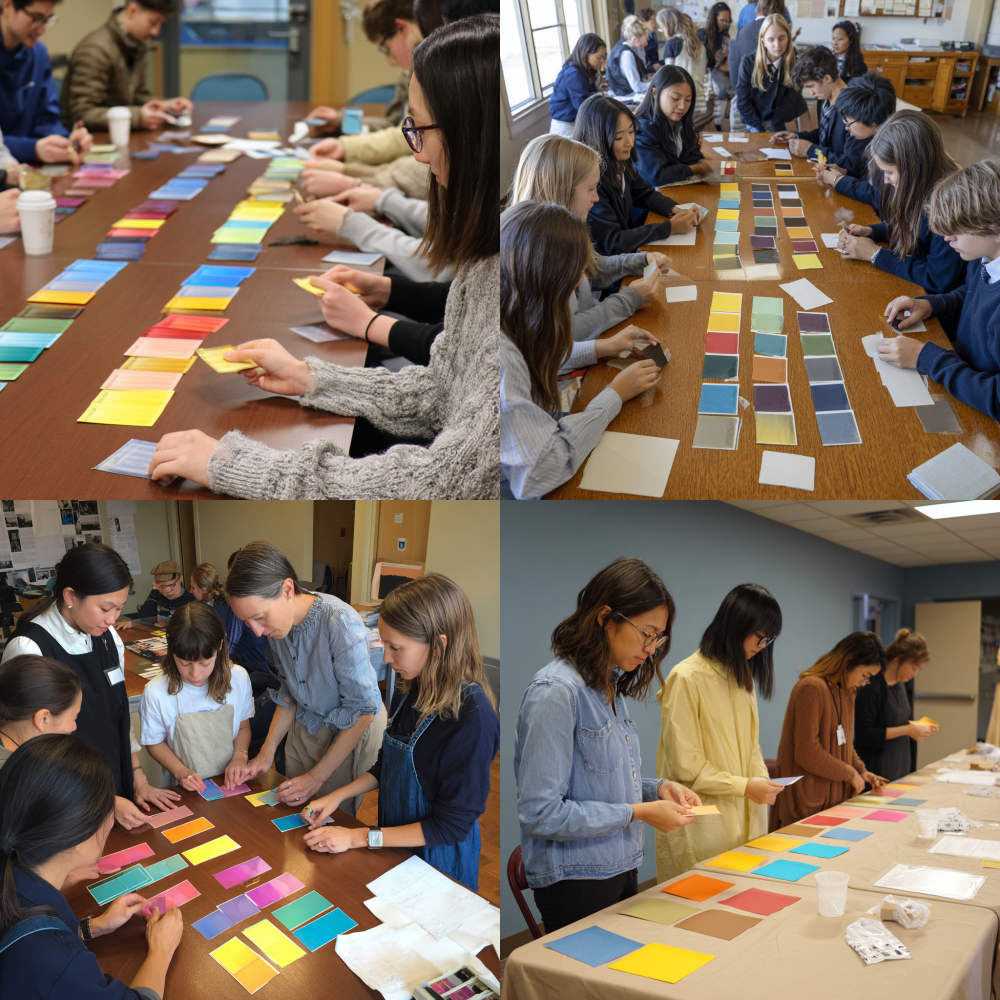 On a walnut colored table, students hold Japanese color cards and compare colors to create color combinations PCCA