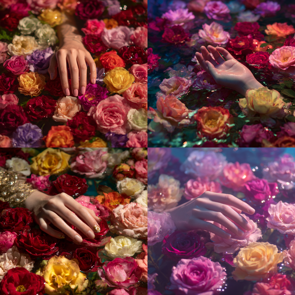 The important thing is to showcase the flowers, not the hands A girls hand swimming in colorful roses, close-up, real photo, not cartoon style.