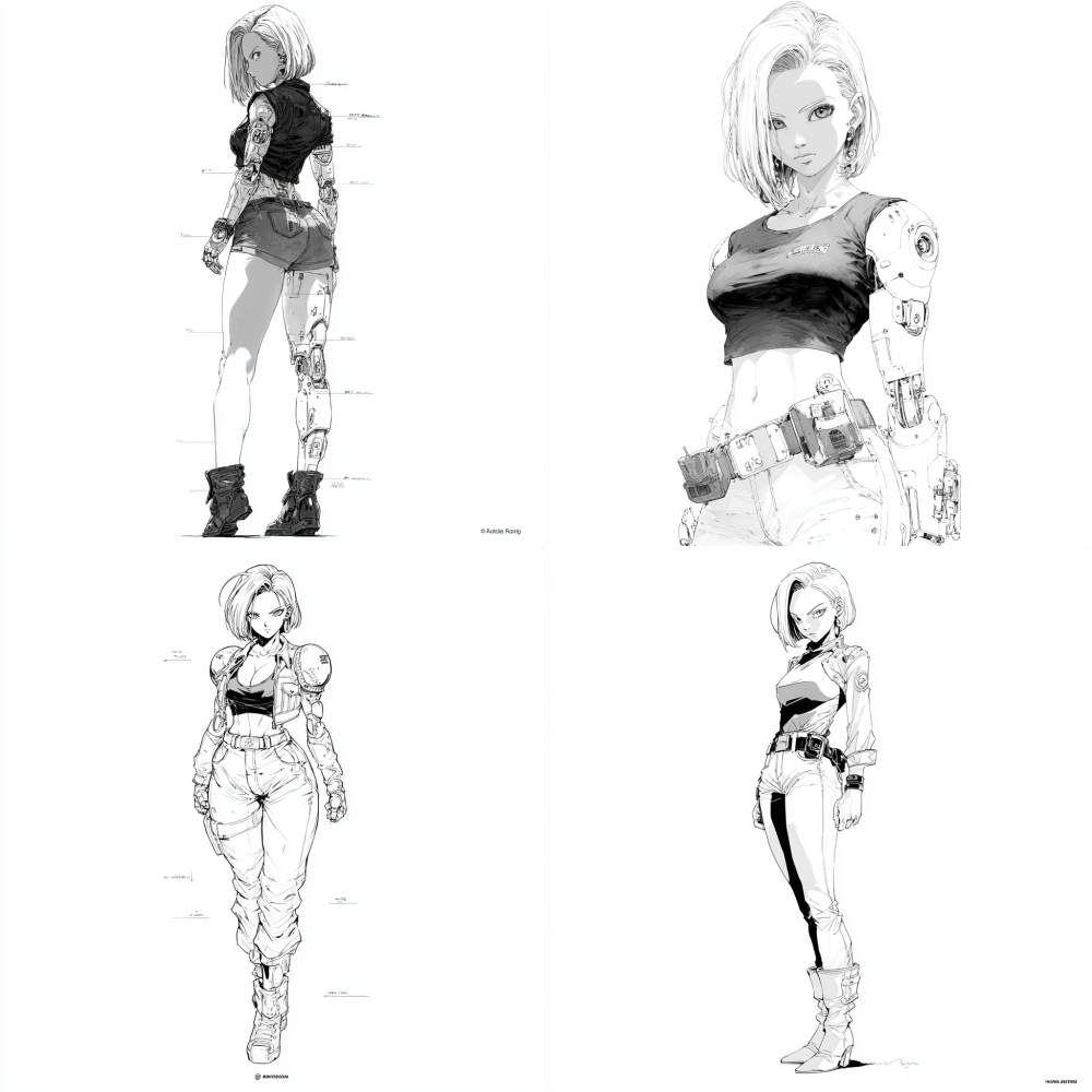 character design draft portrays Android 18, a prominent character from the acclaimed japanese anime "Dragon Ball", rendered in a black and white line draft, the design captures Android 18's sleek and formidable appearance. the utilization of a 3d display effect adds depth and dimension to the depiction, emphasizing the intricate details of android 18's cybernetic enhancements and feminine features, against a white background, android 18 exudes a sense of confidence and strength, her posture reflecting her combat prowess, the design drawings offer precise annotations and measurements, ensuring accuracy in the representation of android 18's proportions and design elements