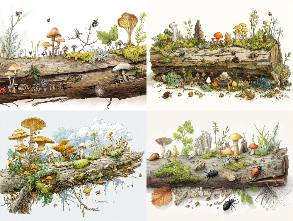 There are plants, mushrooms, insects, spiders, and so on living on a fallen tree. They are related to each other: some eat wood (decomposers such as mushrooms, wood eating insects). Some eat other insects (hunters, such as spiders). Some are eaten by birds (prey). Moss, lichen, and seedlings are like small factories (producers), making their own food. They make the life of the forest richer and more interesting! Children's picture book style watercolor painting style --ar 4:3