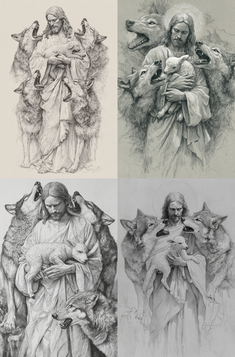 A pencil drawing of Jesus holding a lamb in his arms, standing between two wolves that have their mouths open to attack him. The style is realistic with fine details and shading, in the style of a skilled artist. --ar 63:95