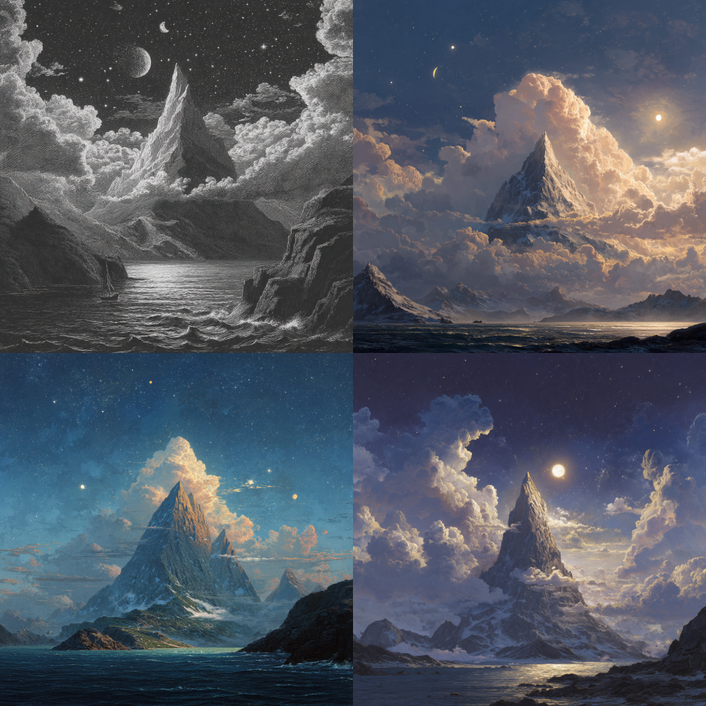 A high mountain stands tall on the sea, towering into the clouds and reaching straight into the sky. The sun, moon, and stars surround the mountaintop. The sea at the foot of the mountain is surrounded by mountains, which gradually decrease in height. 7