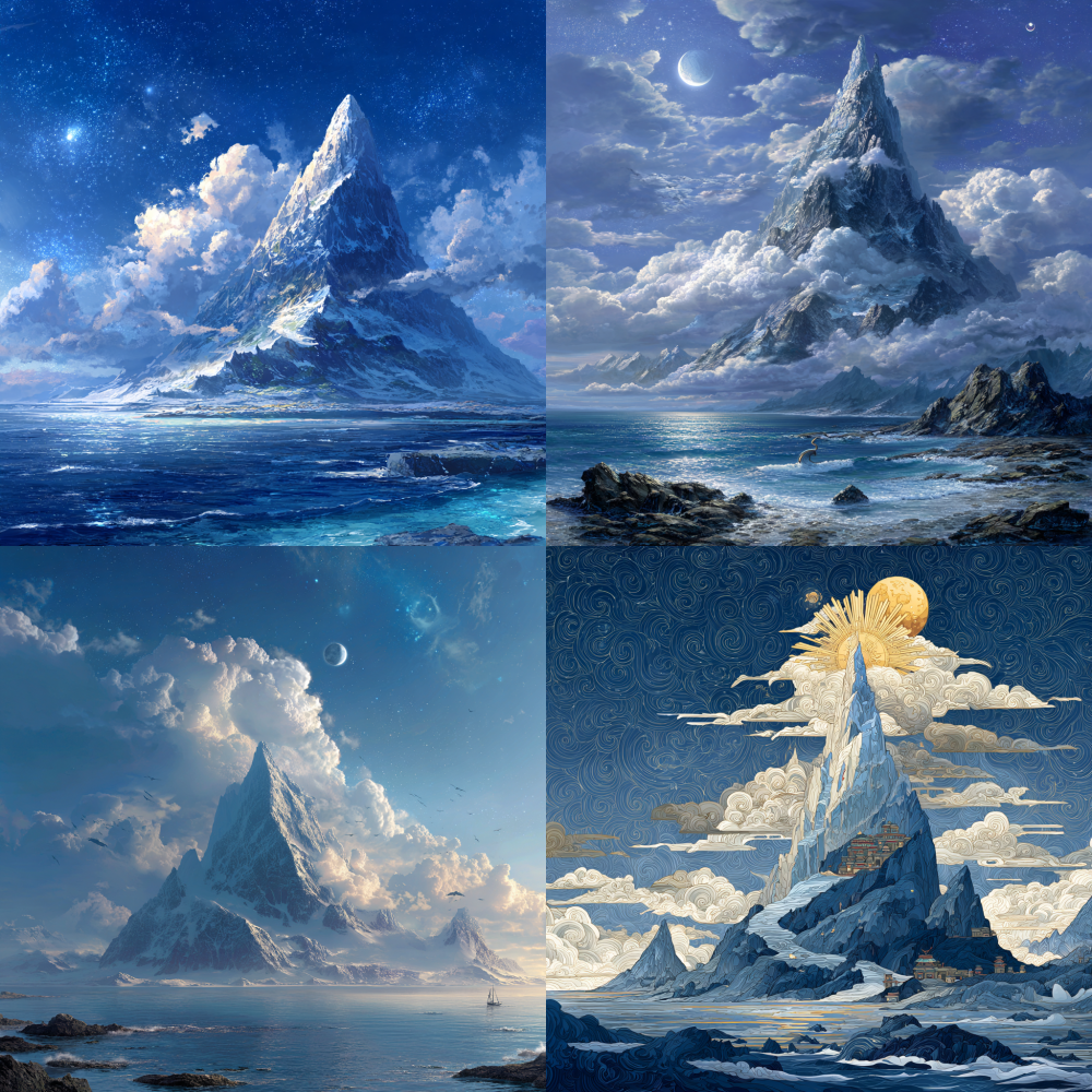 A high mountain stands tall on the sea, towering into the clouds and reaching straight into the sky. The sun, moon, and stars surround the mountaintop. The sea at the foot of the mountain is surrounded by mountains, which gradually decrease in height. The picture is very bright and vivid. The color of the mountain is silver white, shimmering with metallic light. The sky is blue, with floating clouds and dragons swimming in the sea. 7