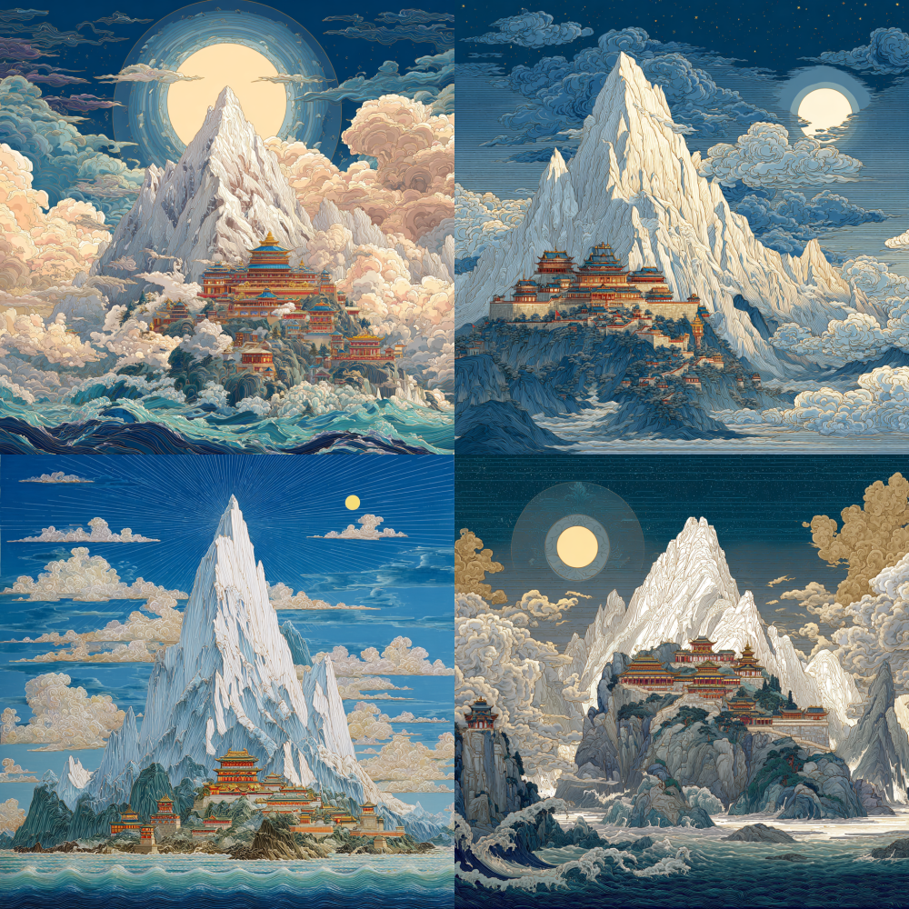 Under the clear sky, there stands a huge mountain peak on the sea, towering into the clouds and reaching straight into the sky. The sun, moon, and stars surround the mountaintop. At the foot of the mountain, there are seven layers of sea surrounding the mountain range, decreasing in height in sequence. The picture is very bright and vivid. The main color of the mountain peak is silver white, shimmering with metallic light. There are magnificent classical Chinese palaces on the mountainside, with bright colors. Tangka style painting style.