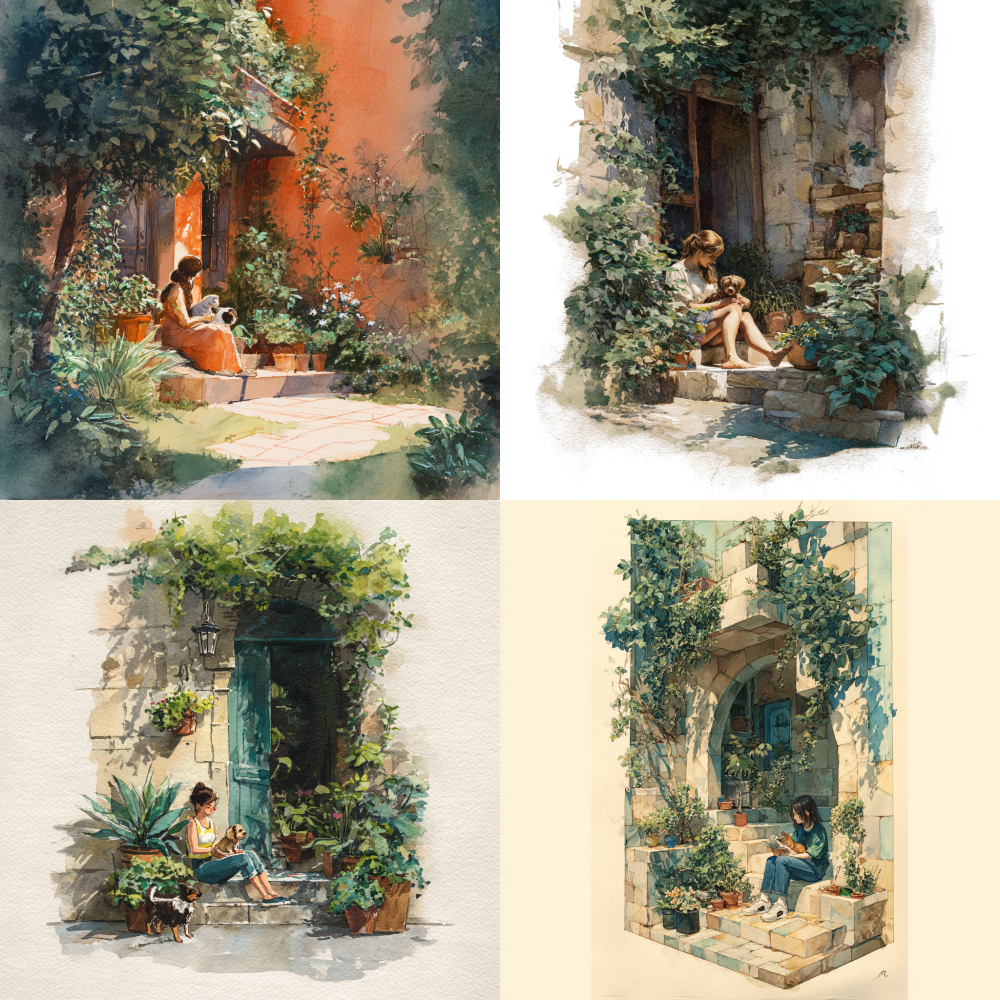 A watercolor painting depicts a woman sitting in a small garden, holding a small dog. It is warm, sunny, romantic, and vertical