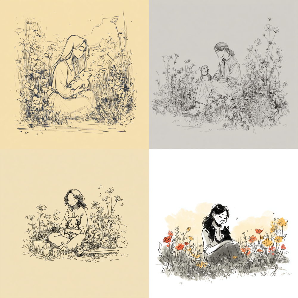 A simple sketch with a garden full of flowers in the background, a woman sitting in the middle of the picture, holding a small dog in her hand. The picture is simple and warm