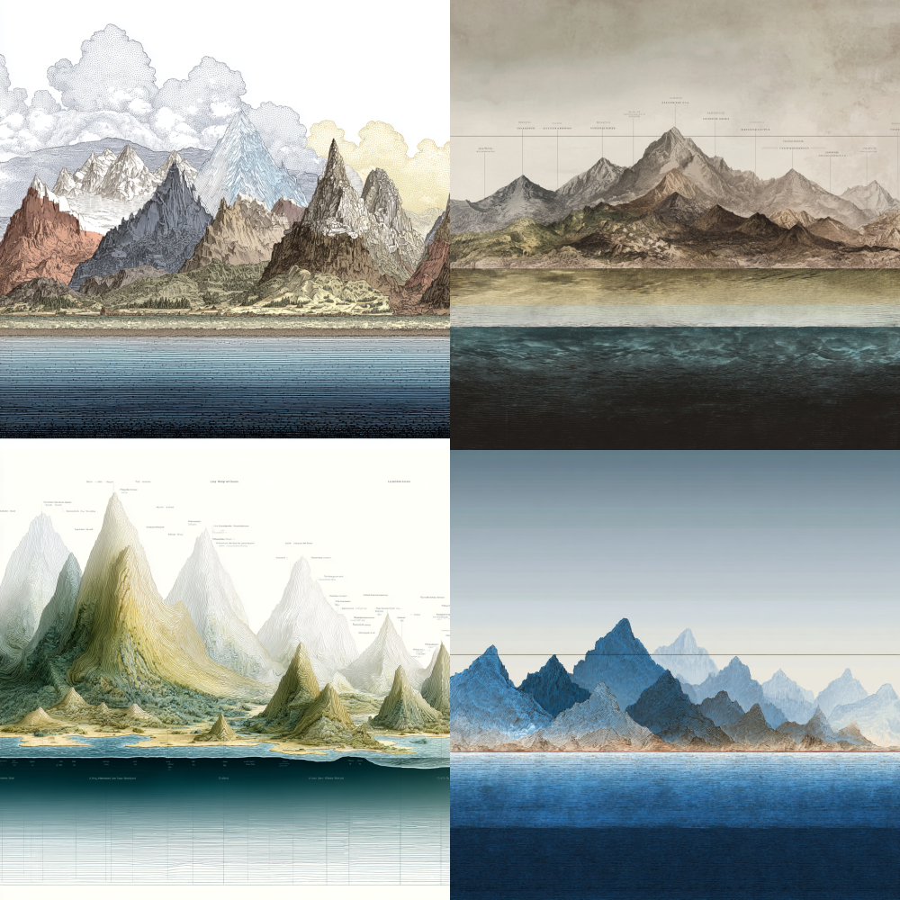 A cross-sectional view of seven mountains, with peak heights decreasing from right to left, and the sea in the middle of the mountains. Horizontal chart