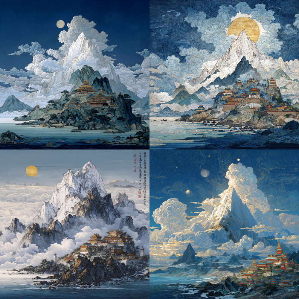 A high mountain stands tall on the sea, towering into the clouds and reaching straight into the sky. The sun, moon, and stars surround the mountaintop. The sea at the foot of the mountain is surrounded by mountains, which gradually decrease in height. The picture is very bright and vivid. The color of the mountain is silver white, shimmering with metallic light. On the mountainside, there are magnificent classical Chinese palaces with bright colors. At the foot of the mountain are hard rocks. Regong Tangka style. 7