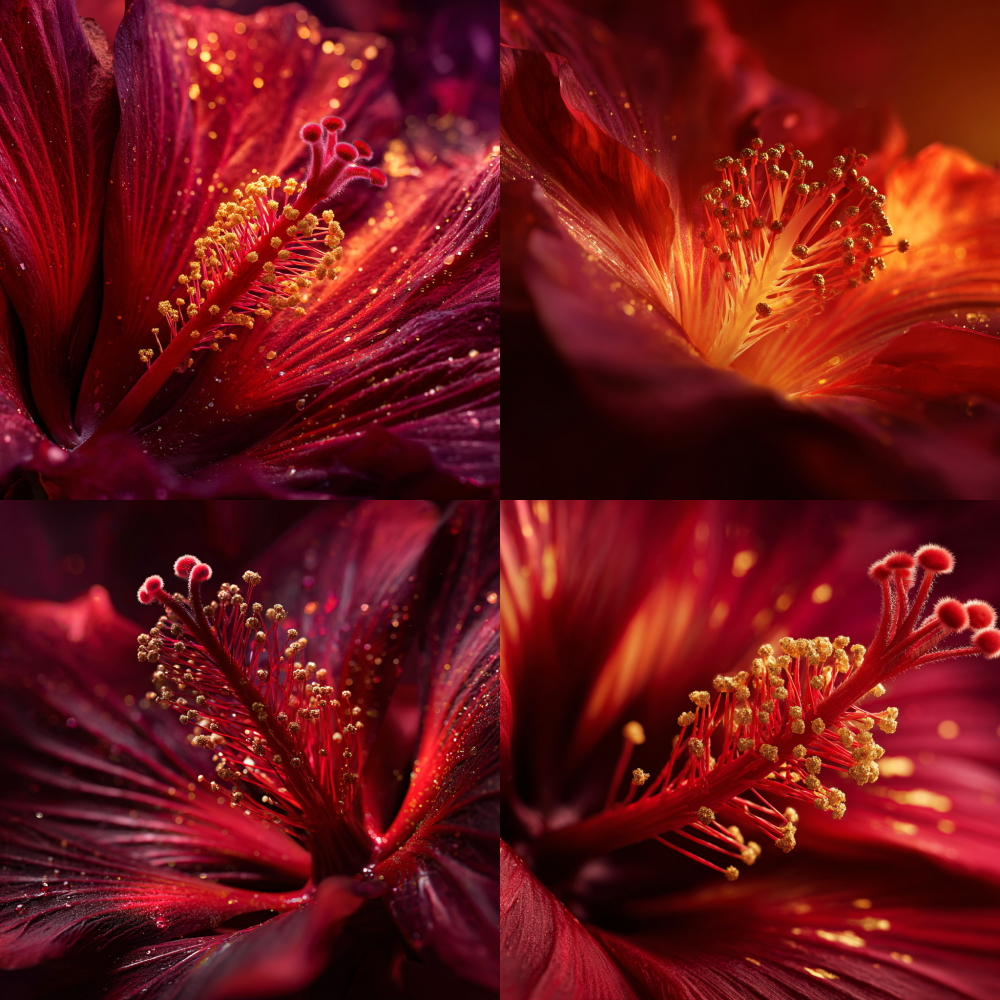 An enchanting abstract representation of a Roselle pistil, bathed in the golden light that radiates from its striking red petals, evokes a captivating atmosphere of science fiction and futurism. The aesthetic is luxurious and sophisticated, perfectly tailored for high-end product packaging design. The composition is devoid of text, focusing solely on the imagery. Close-up views highlight the vivid hues of the petals, infusing the scene with an aura of intrigue and profound depth.