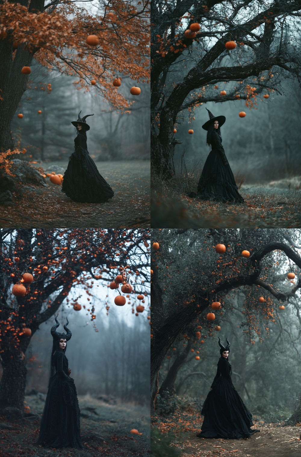 A dark and mysterious scene of the witch standing under an old tree, her black dress flowing in the wind as she turns to face the camera with a scary expression on her face. The trees have orange, glowing pumpkins hanging from them. In the background, there is a foggy forest. Her hat has long horns. She seems to be hiding something behind her back, in the style of. --ar 56:85