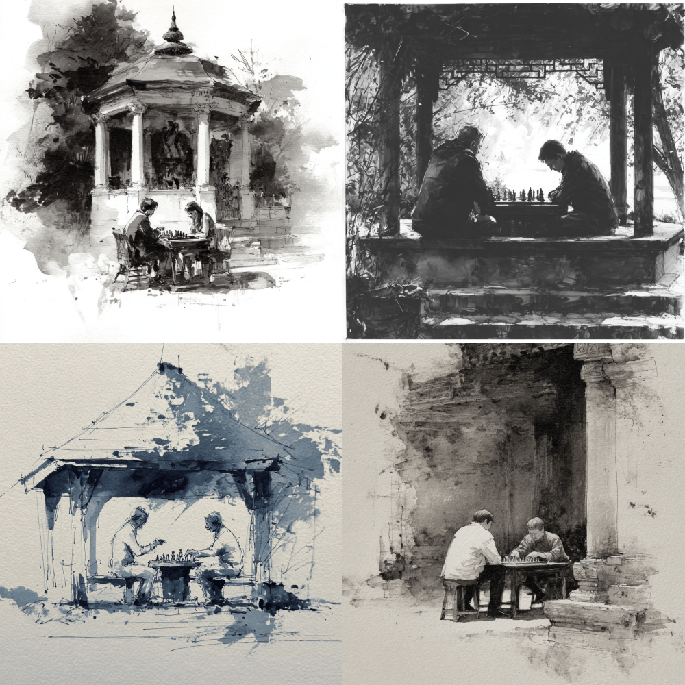 Two people are playing chess in the pavilion, creating an ink painting