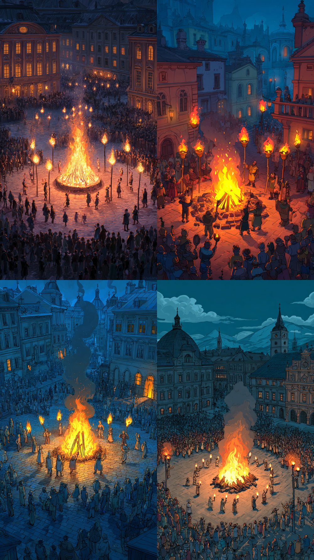 Cartoon styleThere is a burning bonfire on the ground of the main square. A group of people were dancing around the campfire while holding lit torches.There were still a group of onlookers surrounding outside. --ar 9:16
