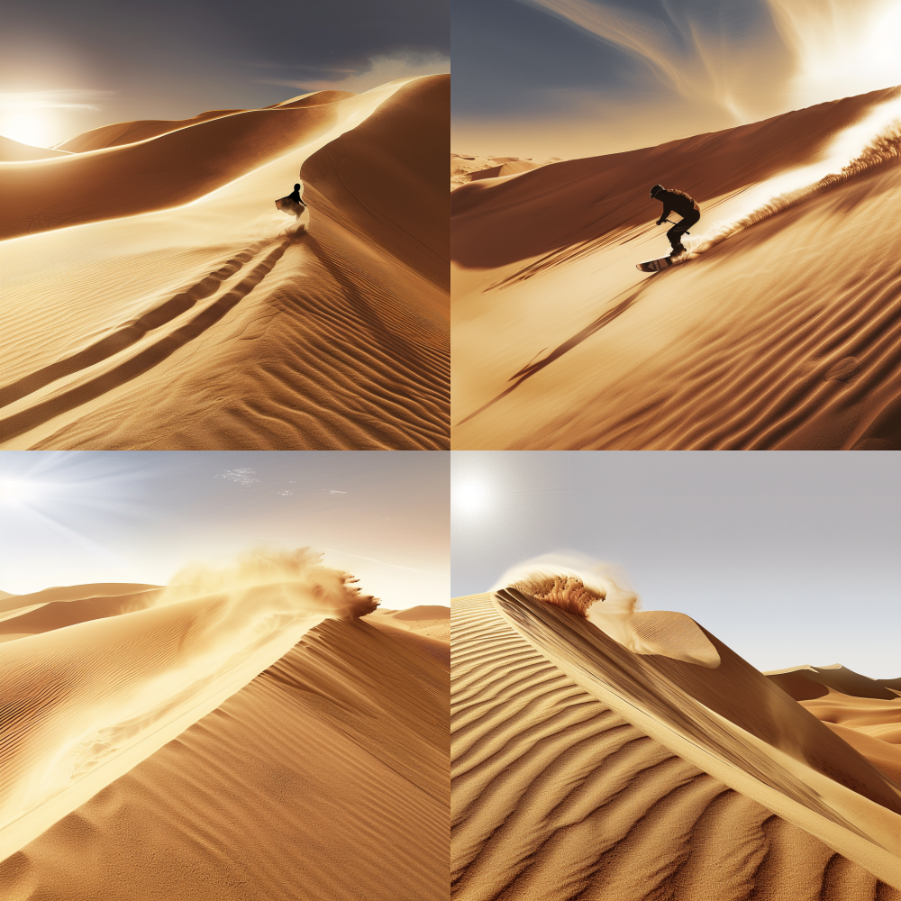 < https://oc.superx.chat/img/1754907962288.png > Doing sandboarding in the desert, the skateboard glides over the surface of the sand, creating sand waves. From the lower left corner of the picture to the center of the picture, it forms an arc-shaped trajectory. The sand waves move to the left and a large amount of dust is raised. --v 6