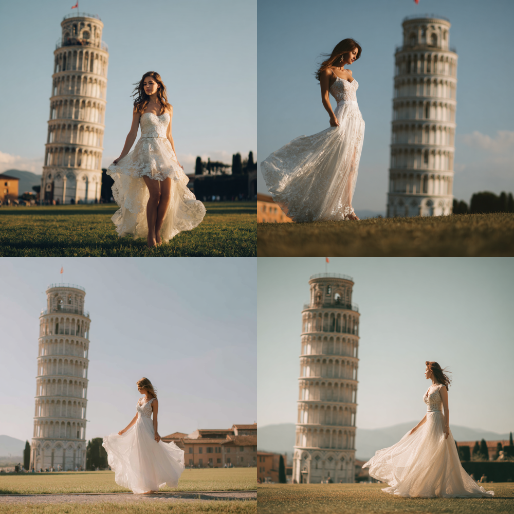 A woman in a white wedding dress stands under the Leaning Tower of Pisa, with her skirt flowing in the wind. The background is a clear sky and distant green grassland, in the style of a photographically detailed painting, celebrity photography, romantic soft focus with a bokeh effect, light gray and beige, captivating documentary photos.