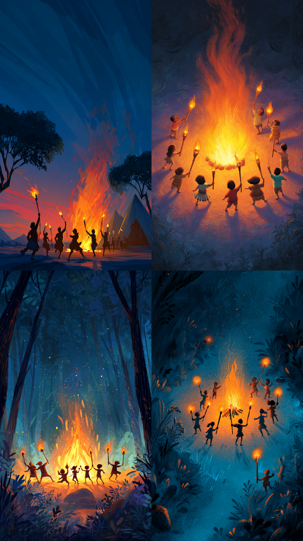 Cartoon styleThere is a burning campfire on the ground.A group of people were dancing around the campfire while holding lit torches. --ar 9:16